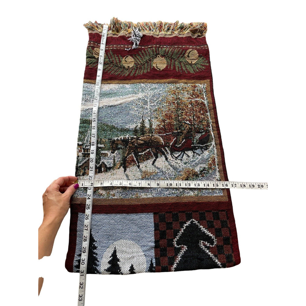*Tapestry Pillow Case Church Horse Sleigh Snow Bells Trees Fringe Town Jacquard - Picture 6 of 8
